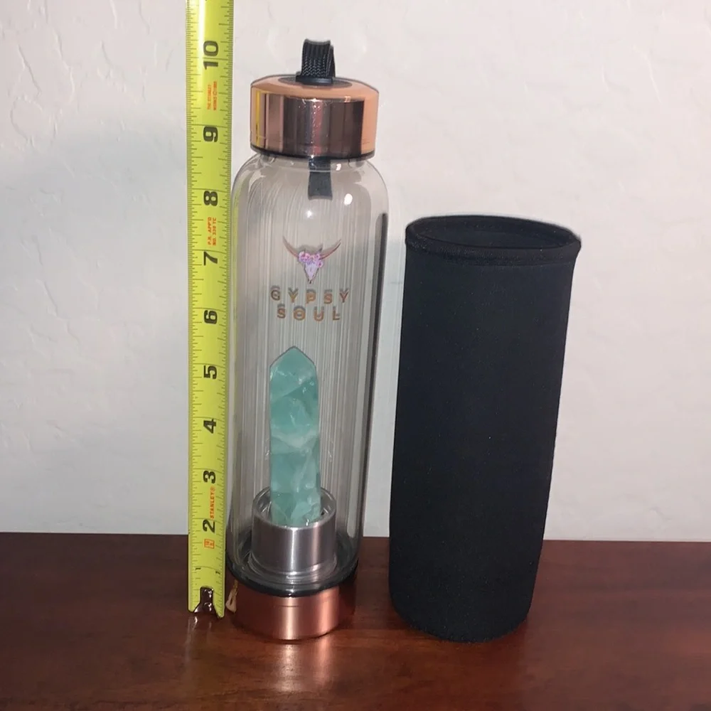 GYPSY SOUL AQUAMARINE QUARTZ BRAND NEW GLASS WATER BOTTLE WITH SLEEVE - Picture 6 of 10